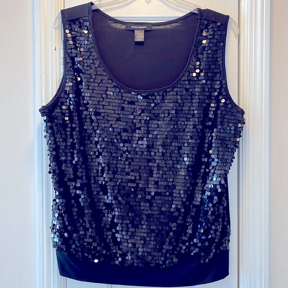 Black sequins tank top by Ashely Stewart.